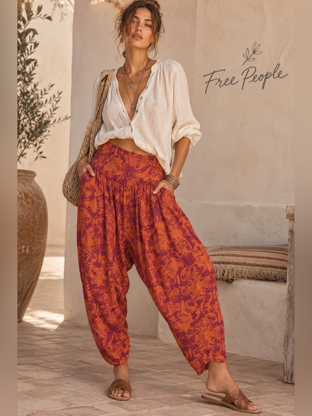 Free People Boho Harem Pants L Orange Purple Floral Paisley 100% Viscose
